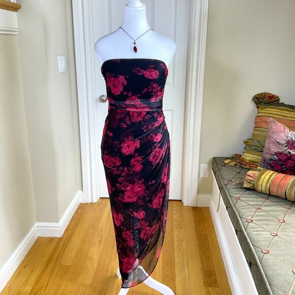 Emerald Sundae Dress Mesh Strapless Ruched in Black Red Roses Floral Midi (M) - Picture 1 of 8